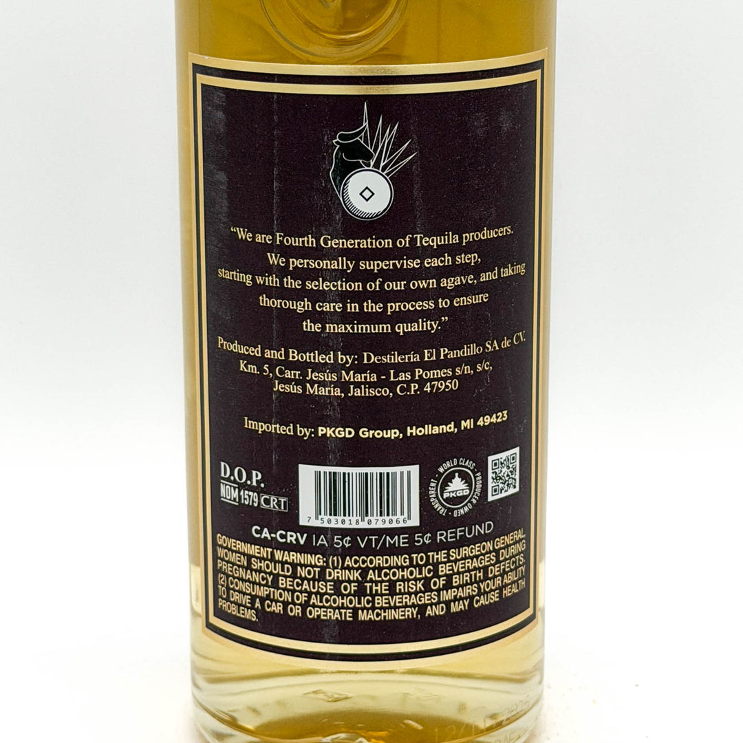 Tequila bottle label with text and branding on a white background