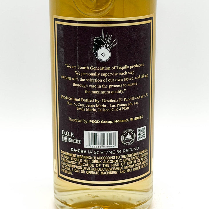 Tequila bottle label with text and branding on a white background