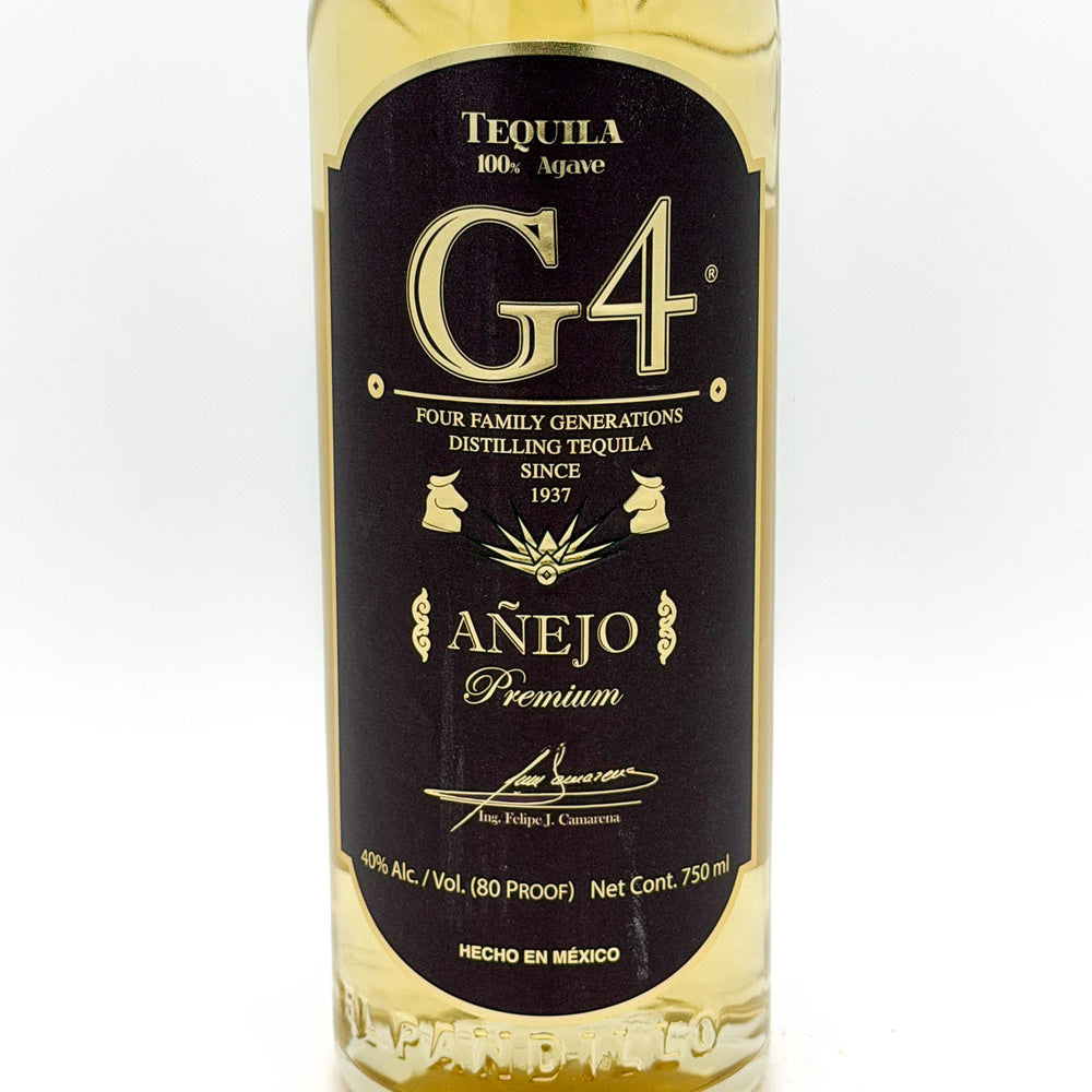 G4 Anejo tequila bottle with black label on a white background