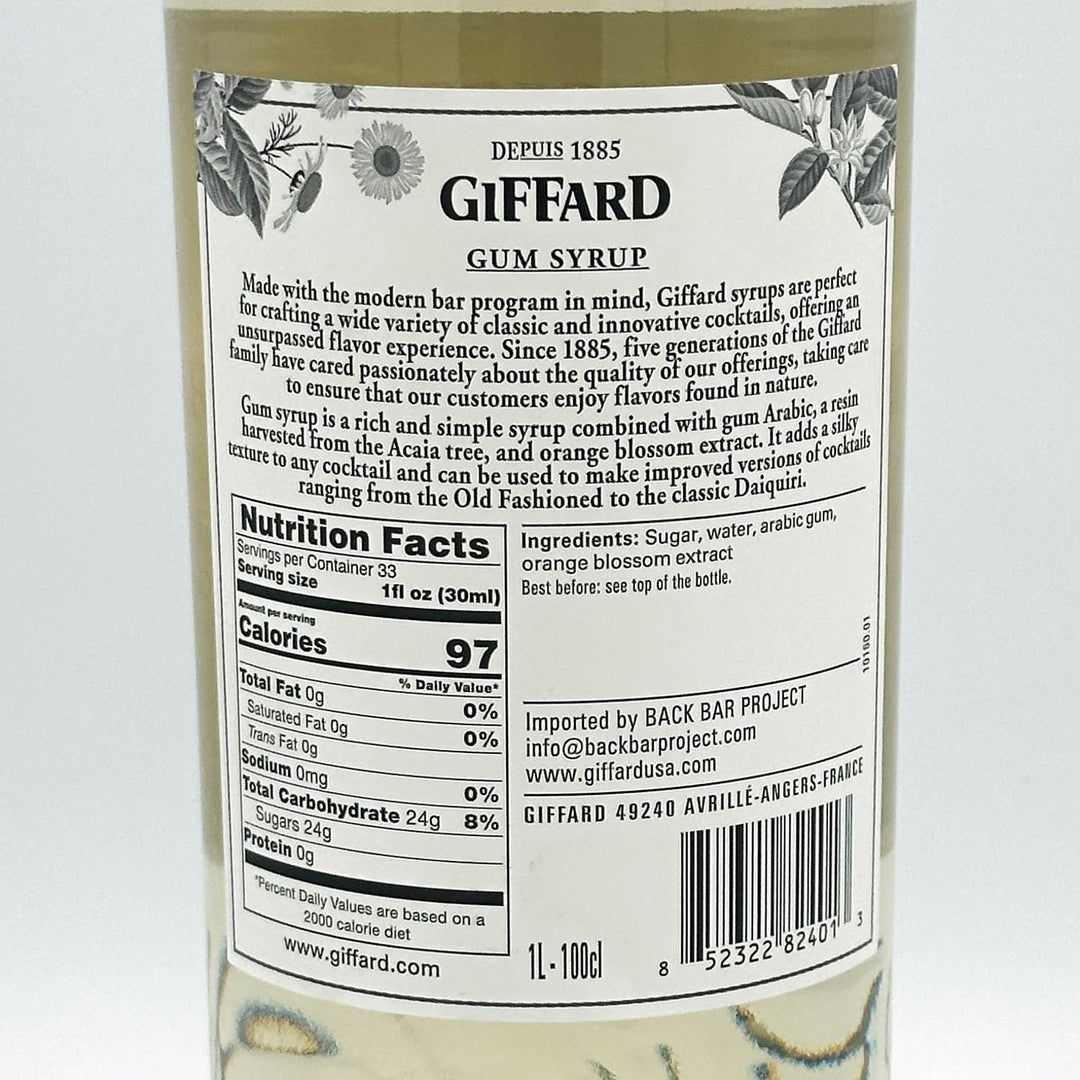 Giffard gum syrup label with nutritional information on a white background
