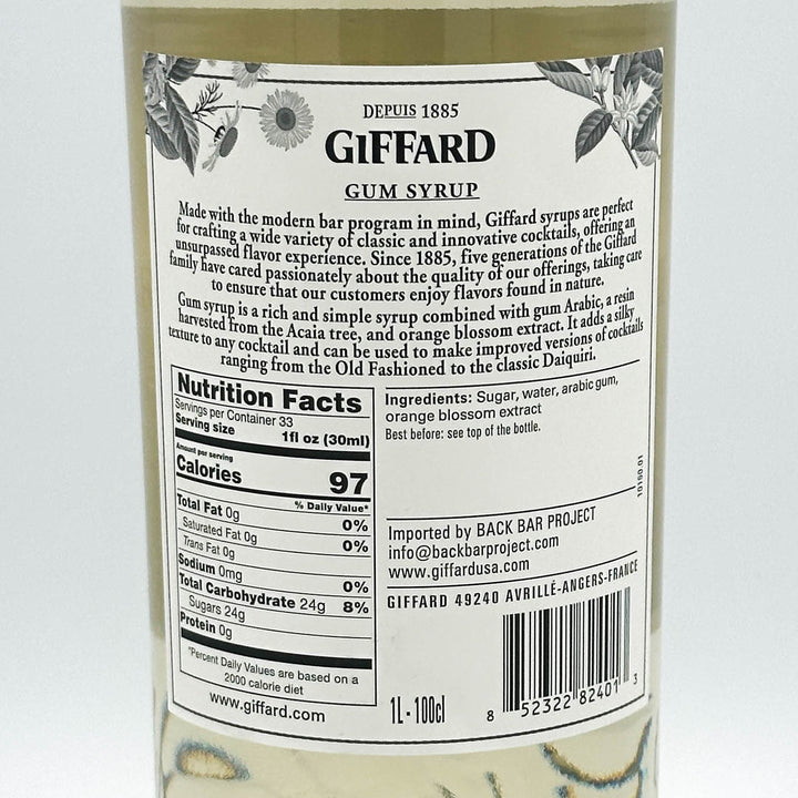 Giffard gum syrup label with nutritional information on a white background