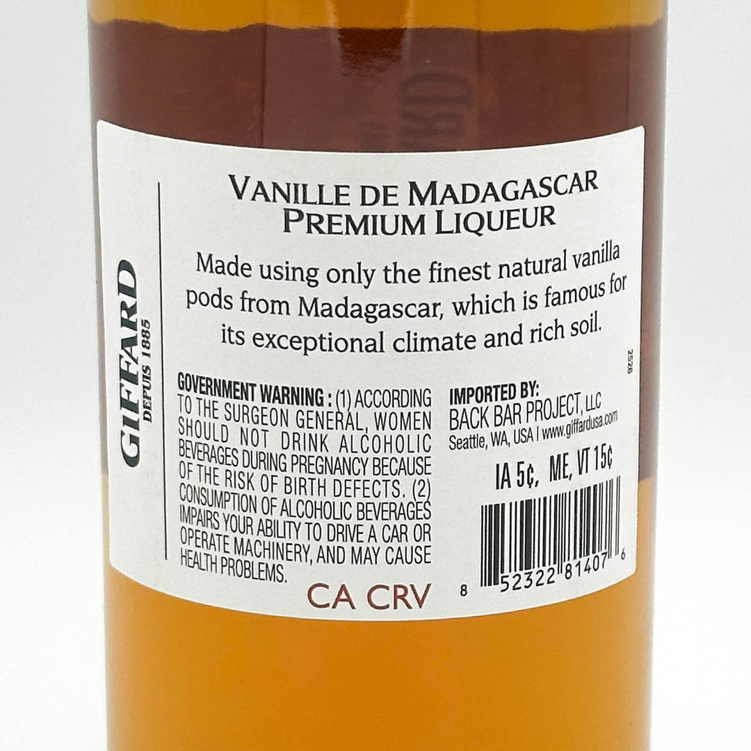 Vanilla liqueur bottle label with Giffard branding and product details.