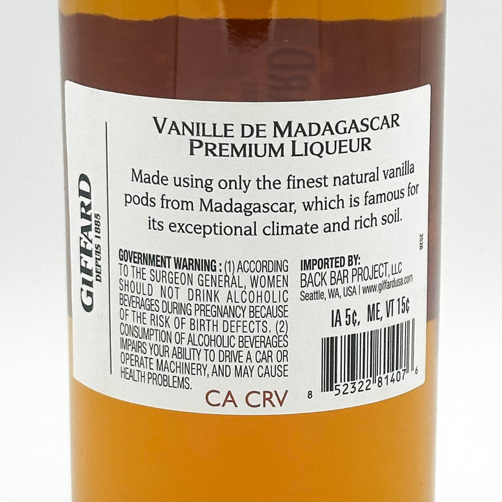 Vanilla liqueur bottle label with Giffard branding and product details.