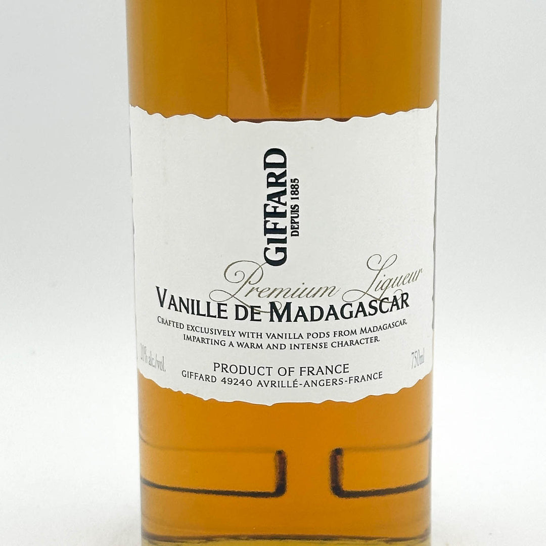 Bottle of Giffard Vanille de Madagascar liqueur with a white label on a white background