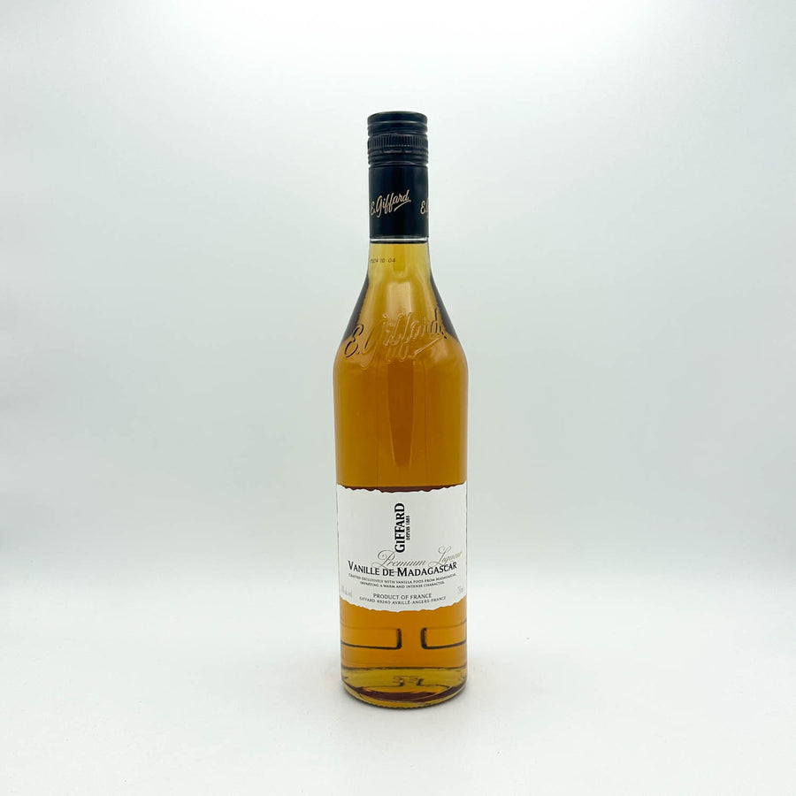 Bottle of Giffard Vanille de Madagascar liqueur with a white label on a white background