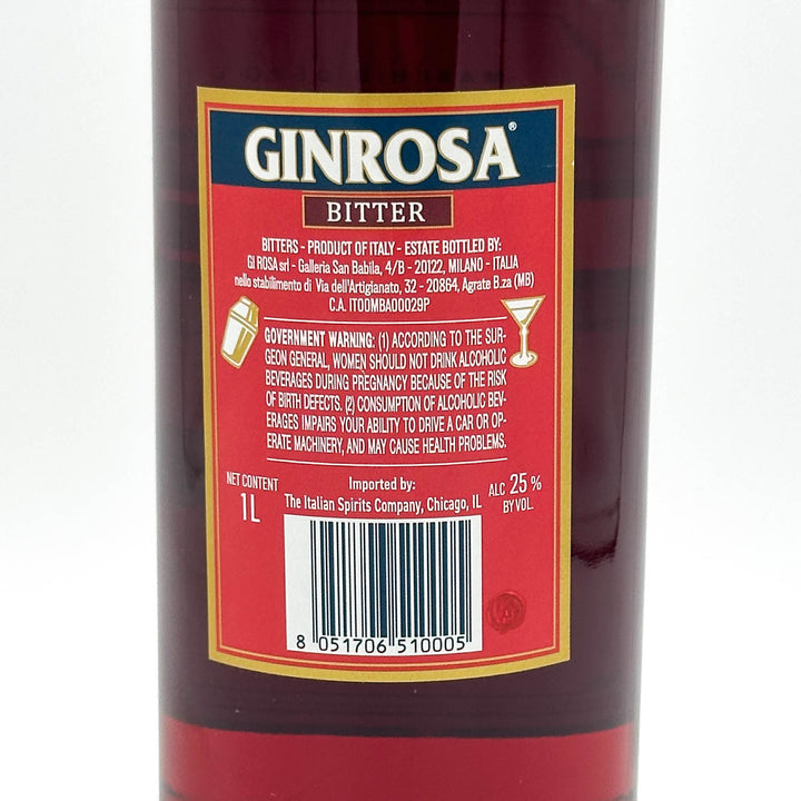 Bottle of Ginrosa Bitter with a red label on a white background