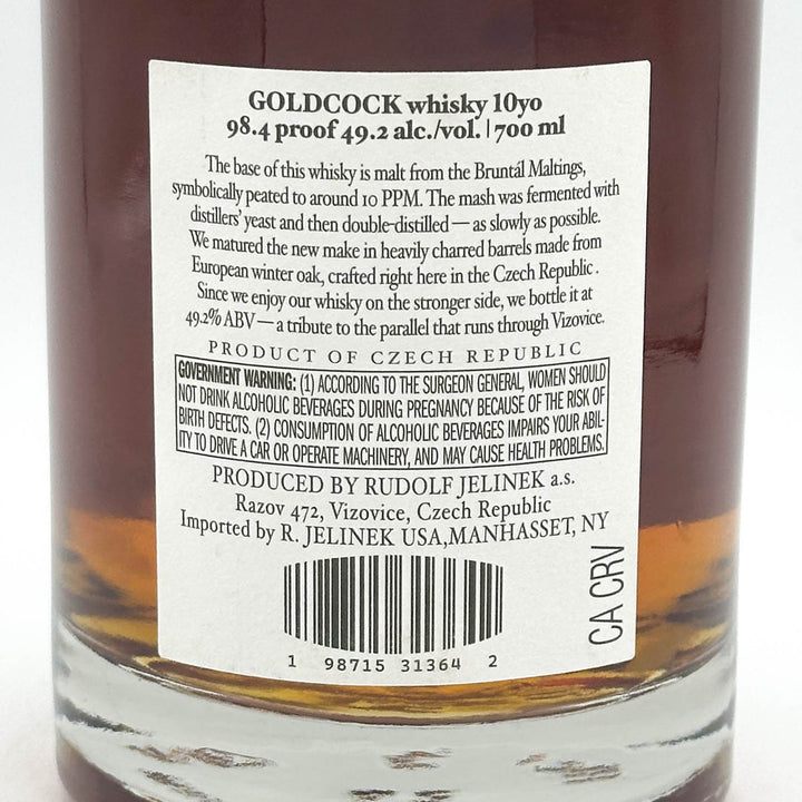 Goldcock whisky 10yo label on a bottle