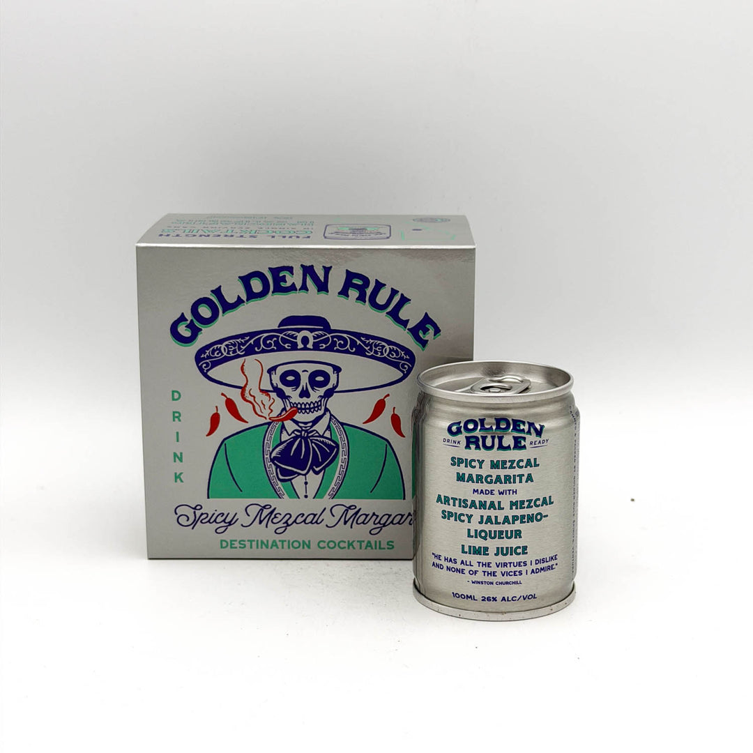 Can and box of Golden Rule Spicy Mezcal Margarita on a white background