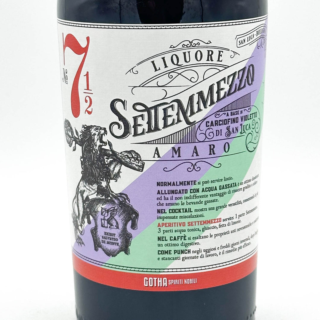 Liquore Settemmezzo Amaro bottle with colorful label on a white background