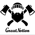 Black logo on a white background. "Great Notion" at the bottom and an outline of a lumberjack with 2 axes crossed behind his head