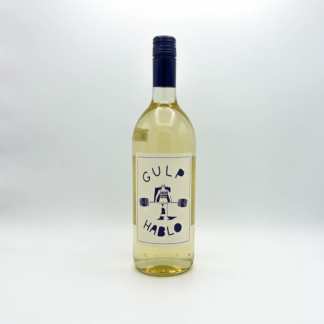 Bottle of 'Gulp Hablo' wine on a white background