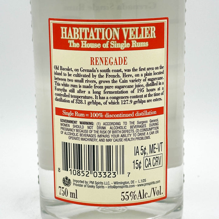 Bottle of Habitation Vellier Renegade rum with label on a white background