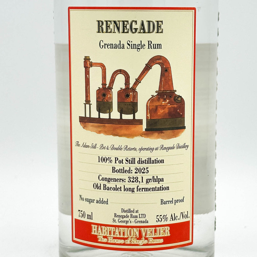 Renegade Grenada Single Rum label with distillation diagram on a white background