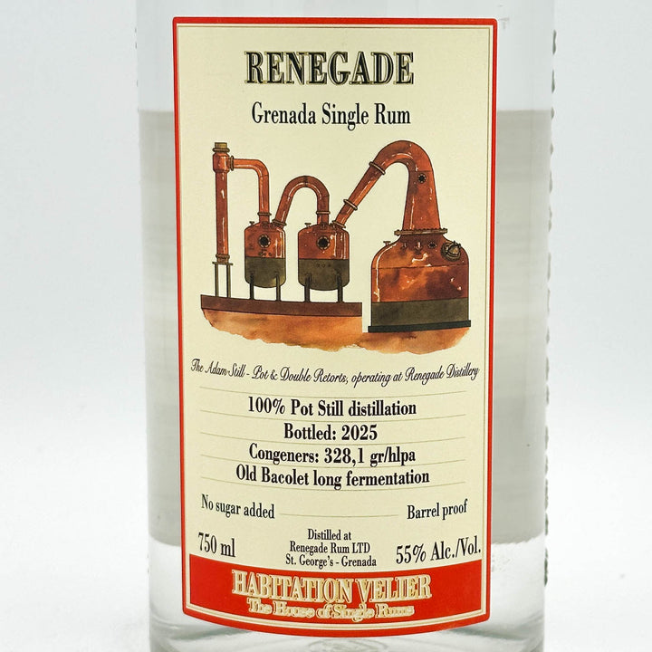 Renegade Grenada Single Rum label with distillation diagram on a white background