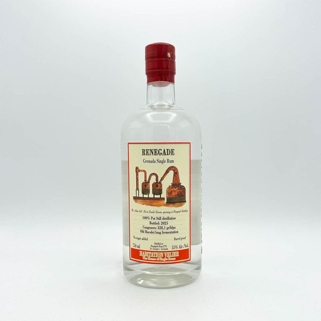 Bottle of Renegade rum with a red cap on a white background