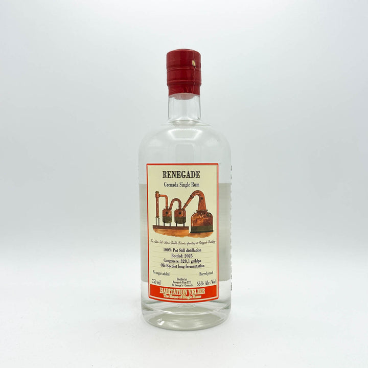Bottle of Renegade rum with a red cap on a white background