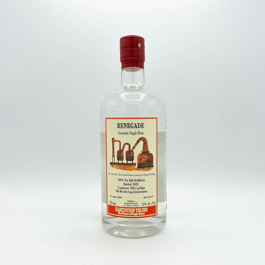 Bottle of Renegade rum with a red cap on a white background
