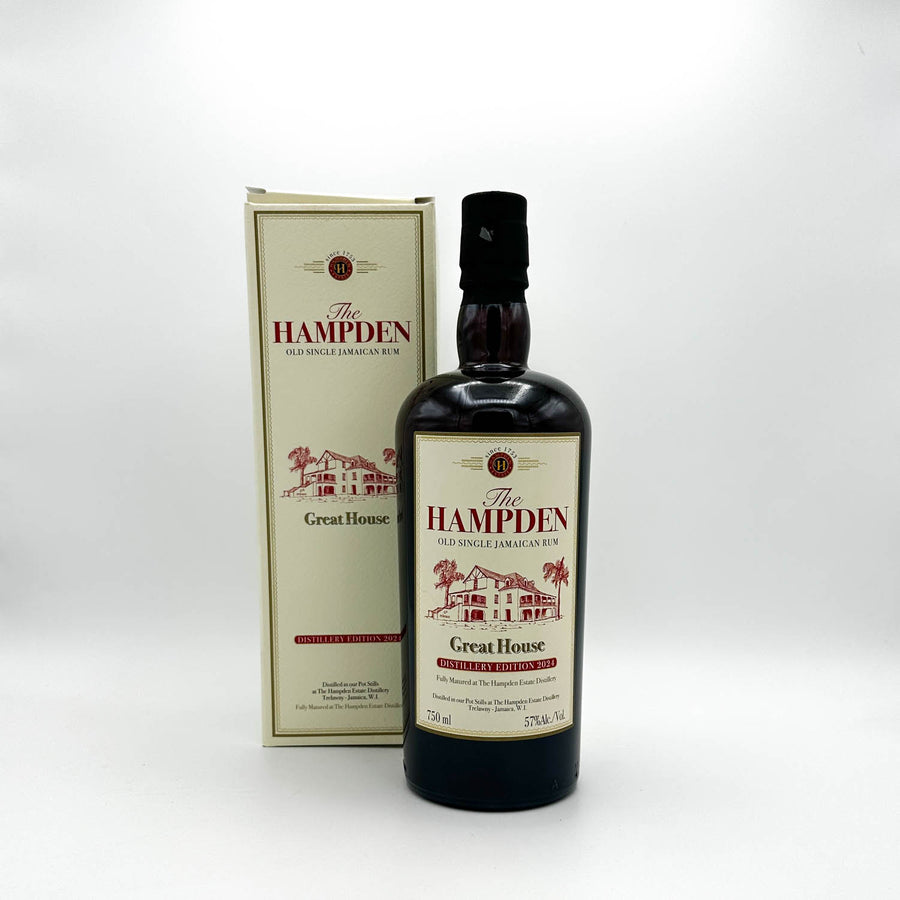 Hampden rum bottle and box on a white background