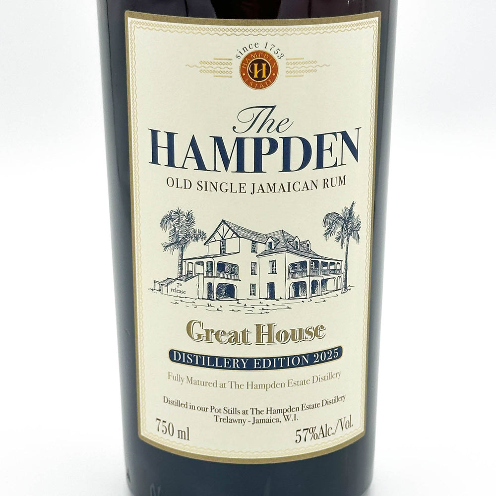 A bottle of The Hampden Great House Distillery Edition 2025 rum, showing the cream-colored label with navy blue text and a building illustration, set against a plain white background.