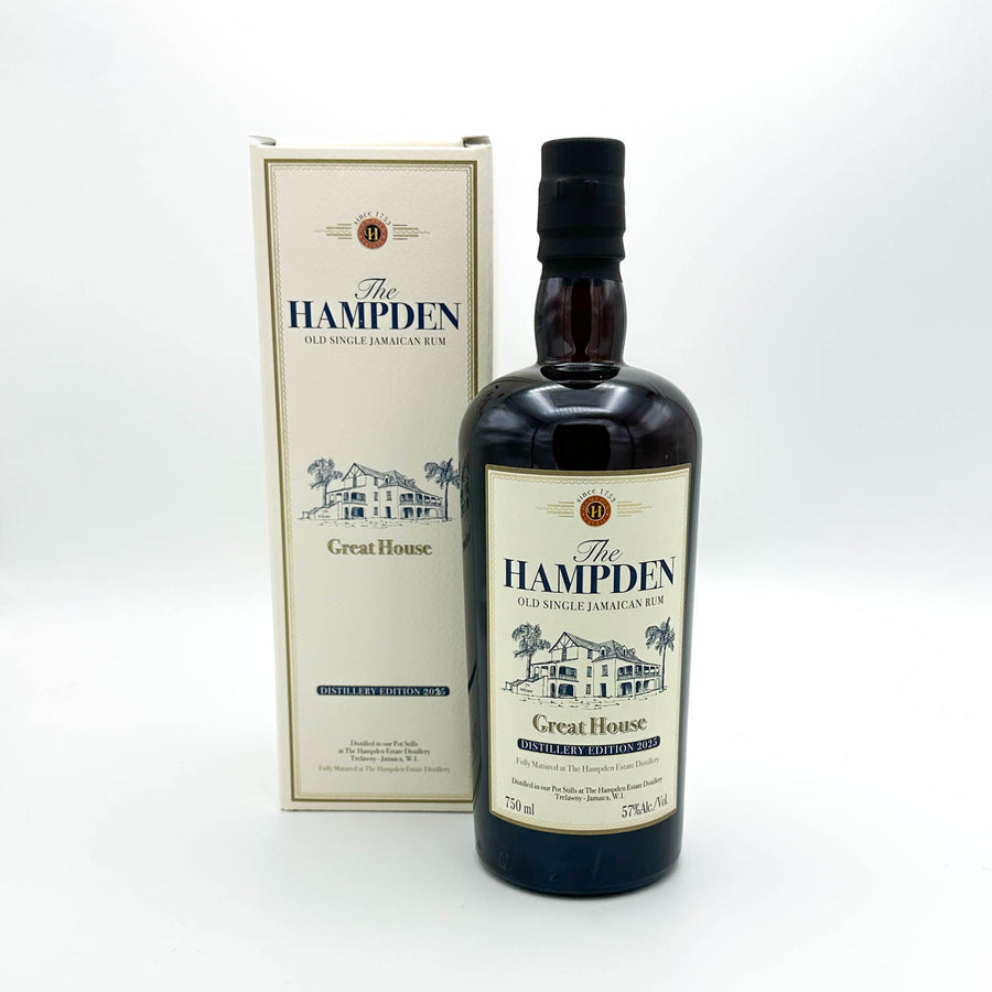 A bottle of The Hampden Great House 1621 Single Malts Scotch whisky next to its cream-colored packaging box, set against a plain white background.