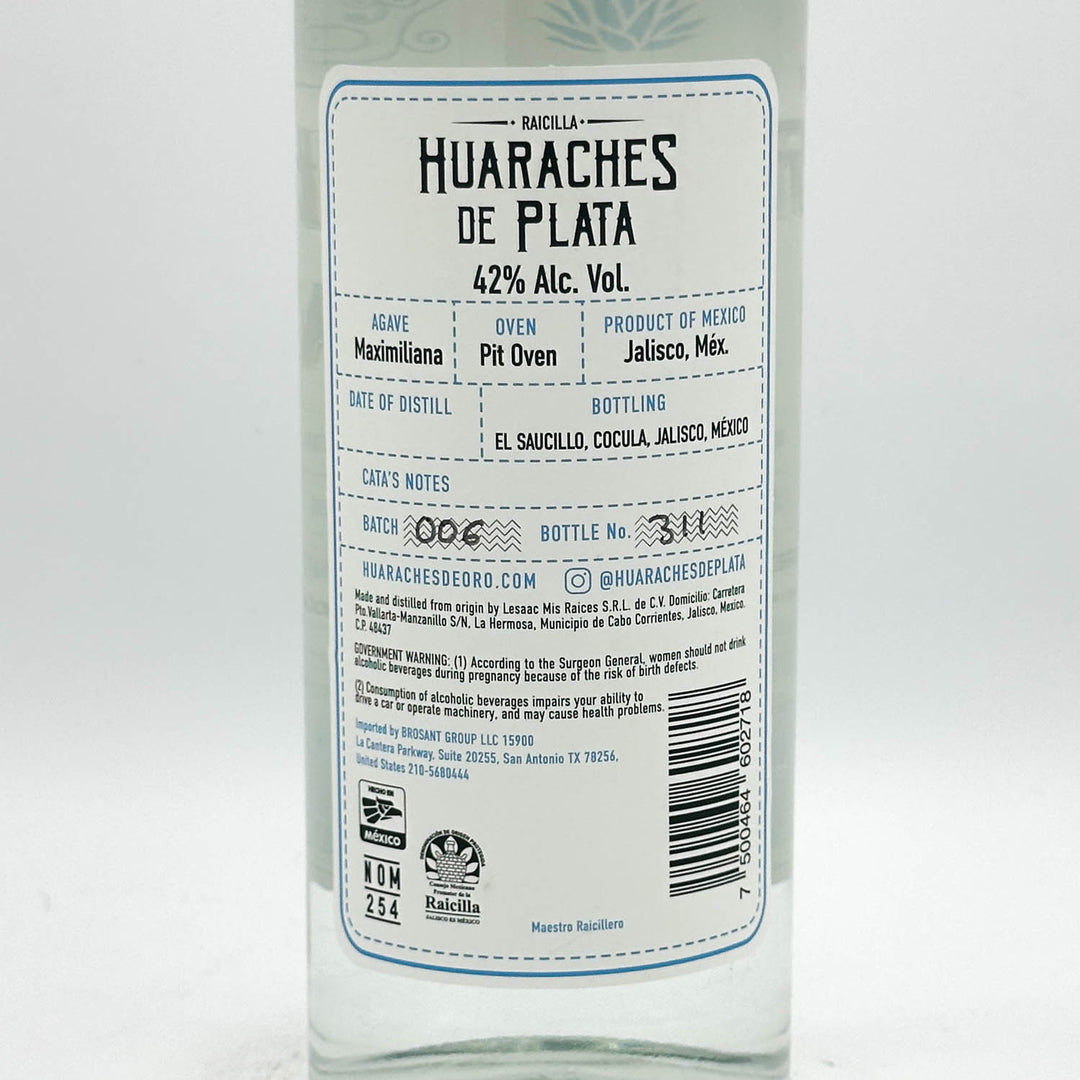 Close-up of a Huaraches de Plata tequila bottle label on a white background