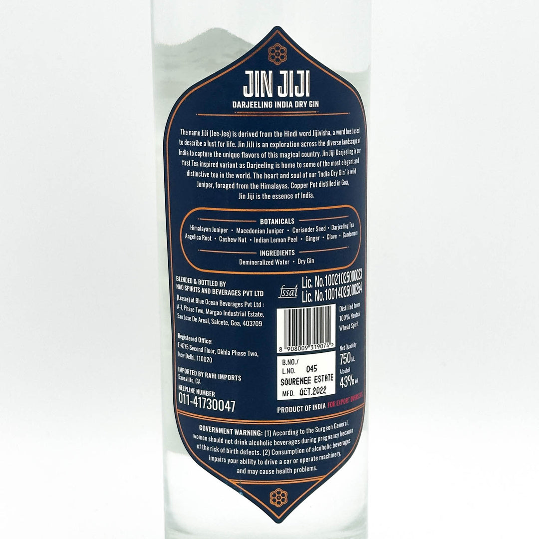 Bottle label of Jin Jiji Barjeeling India Dry Gin with text and branding details.