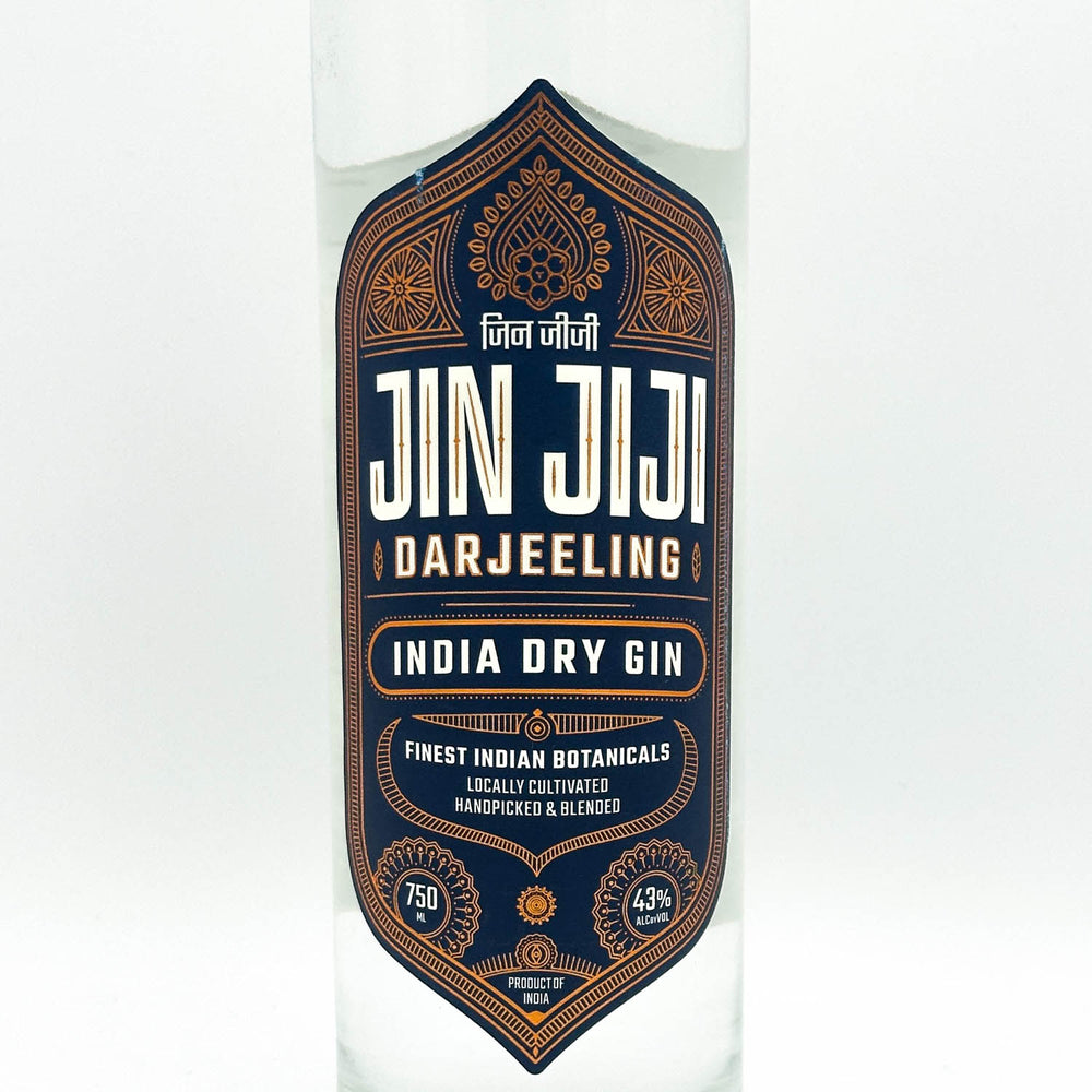 Jin Jiji Darjeeling India Dry Gin label on a white background