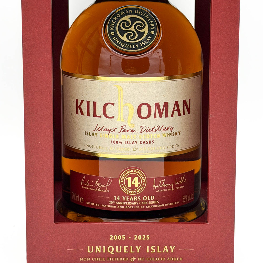 Kilchoman 14-year-old whisky bottle in a red box