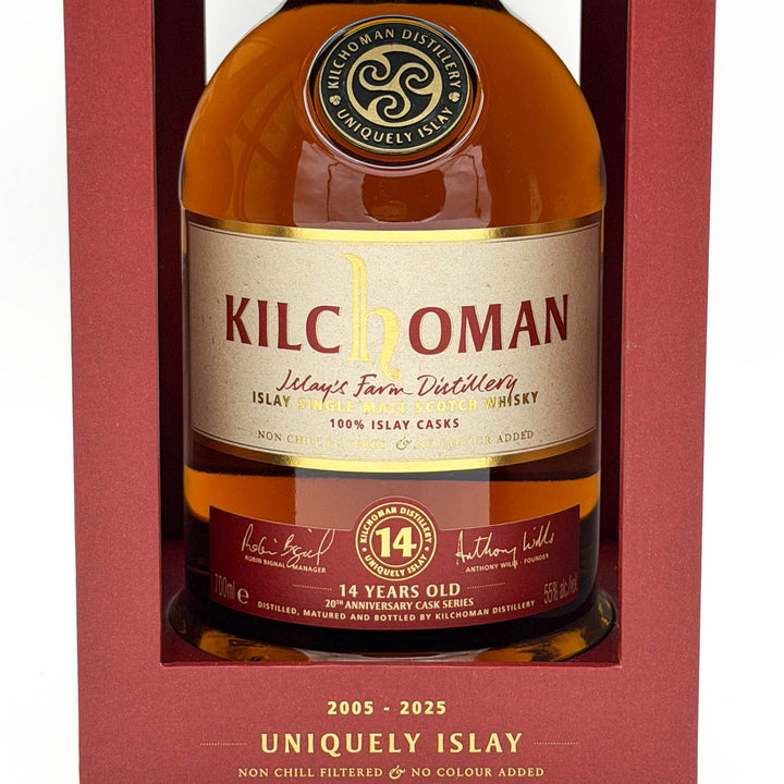 Kilchoman 14-year-old whisky bottle in a red box