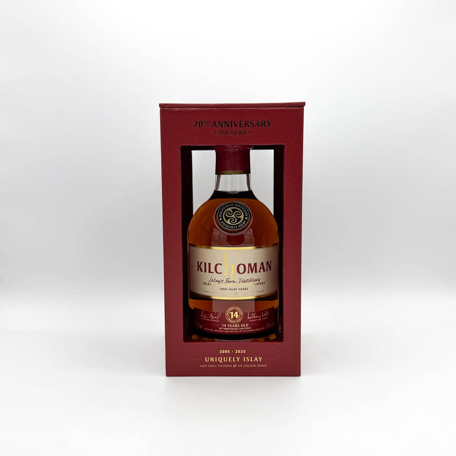 Kilchoman whisky bottle in a red box on a white background