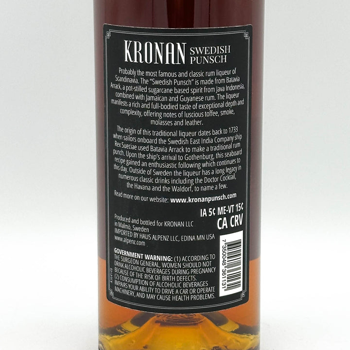 Back label of a bottle of Kronan Swedish Punsch with text and branding.