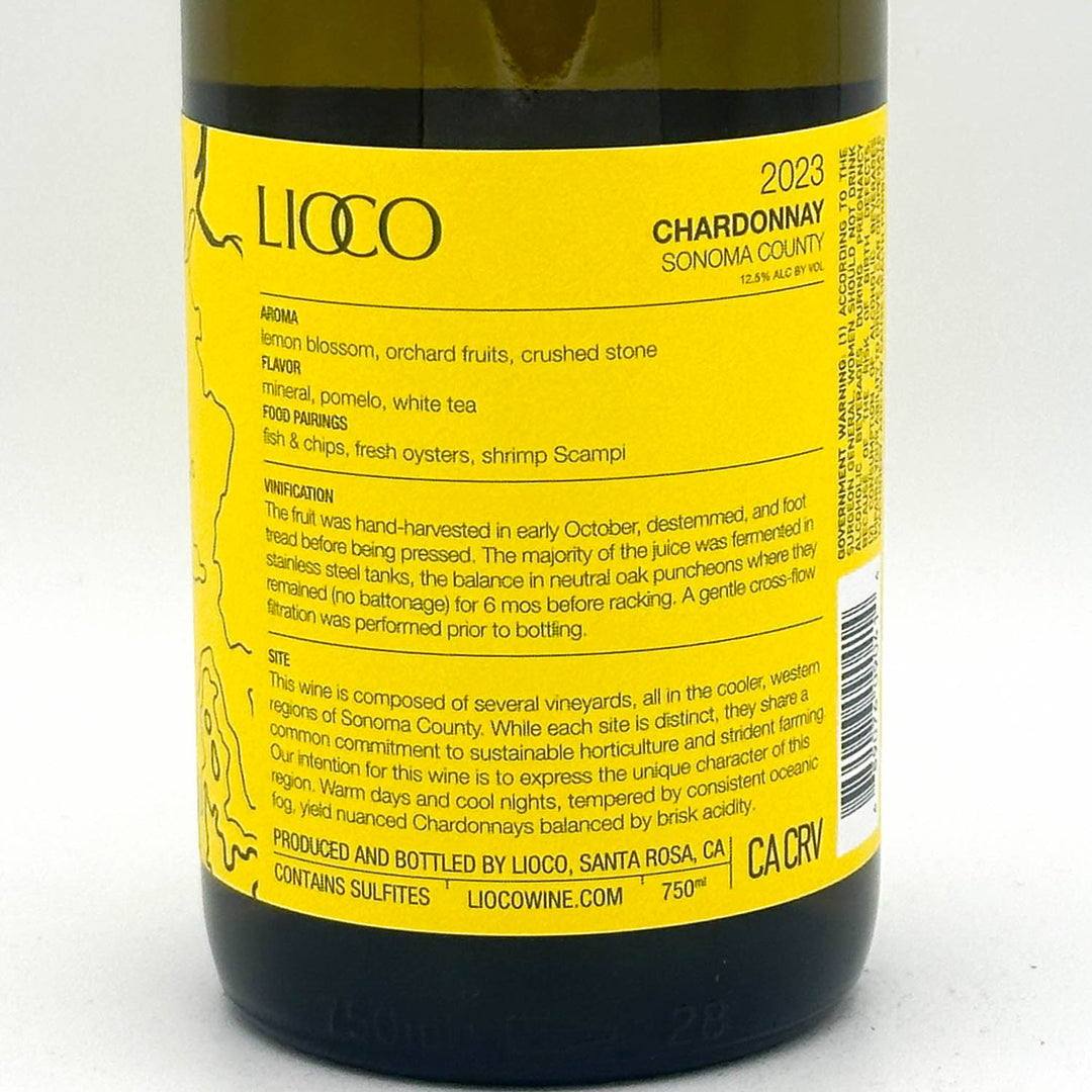 Wine bottle label with yellow background and black text for Lioccó Chardonnay.
