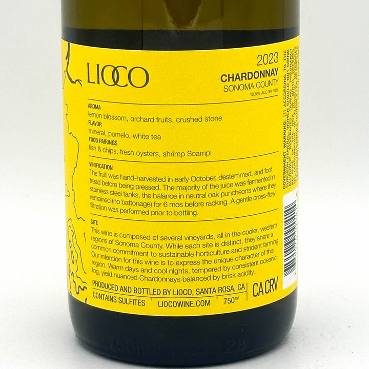 Wine bottle label with yellow background and black text for Lioccó Chardonnay.