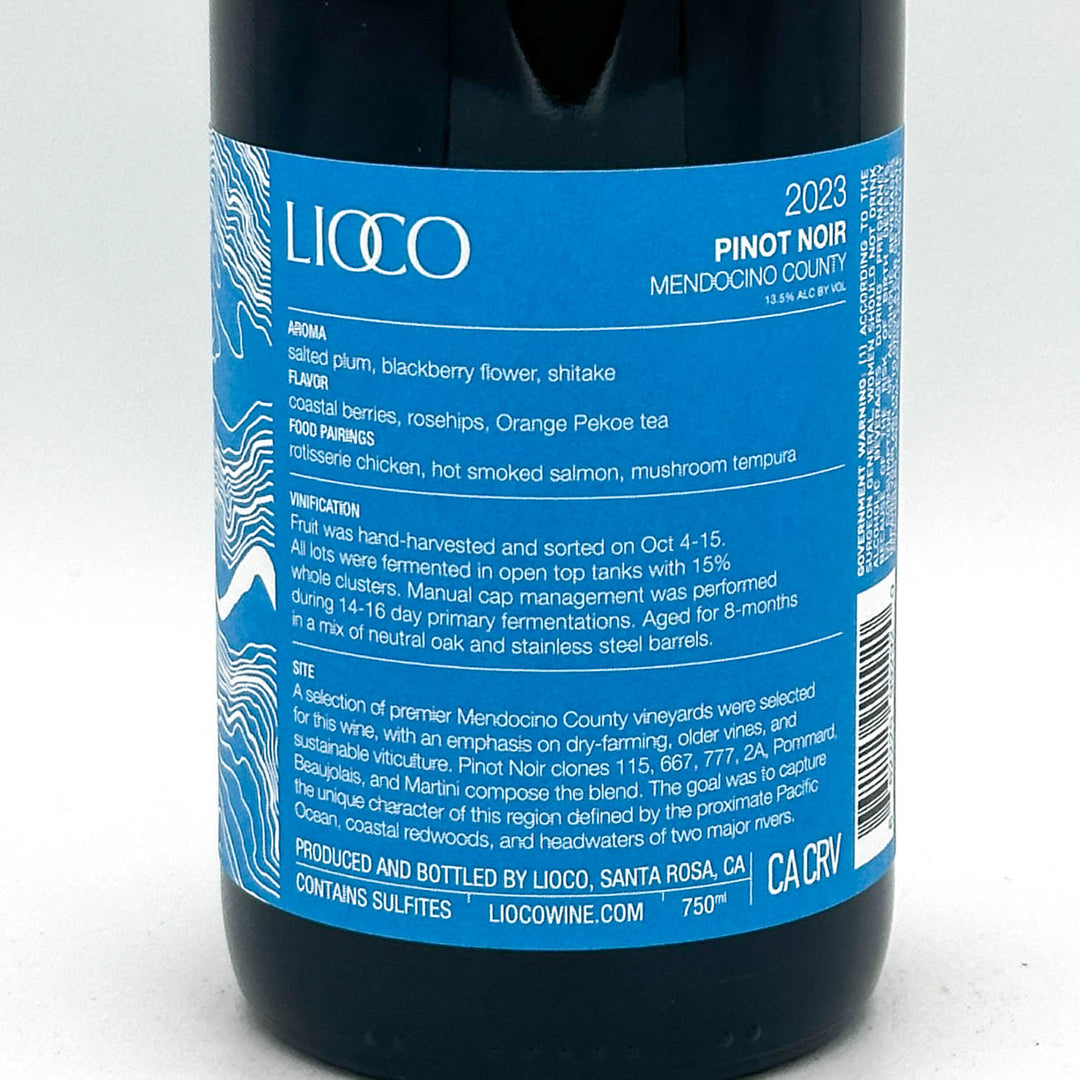 Wine bottle label with blue and white design on a white background