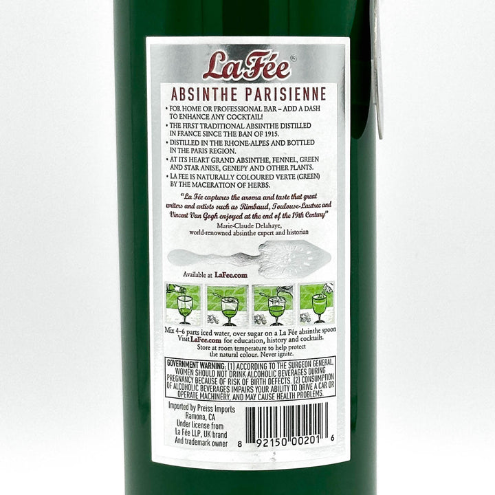Back label of a bottle of La Fèe Absinthe on a white background