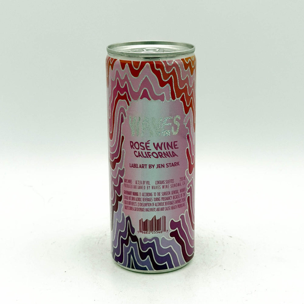 Canned rose wine with colorful label on a white background