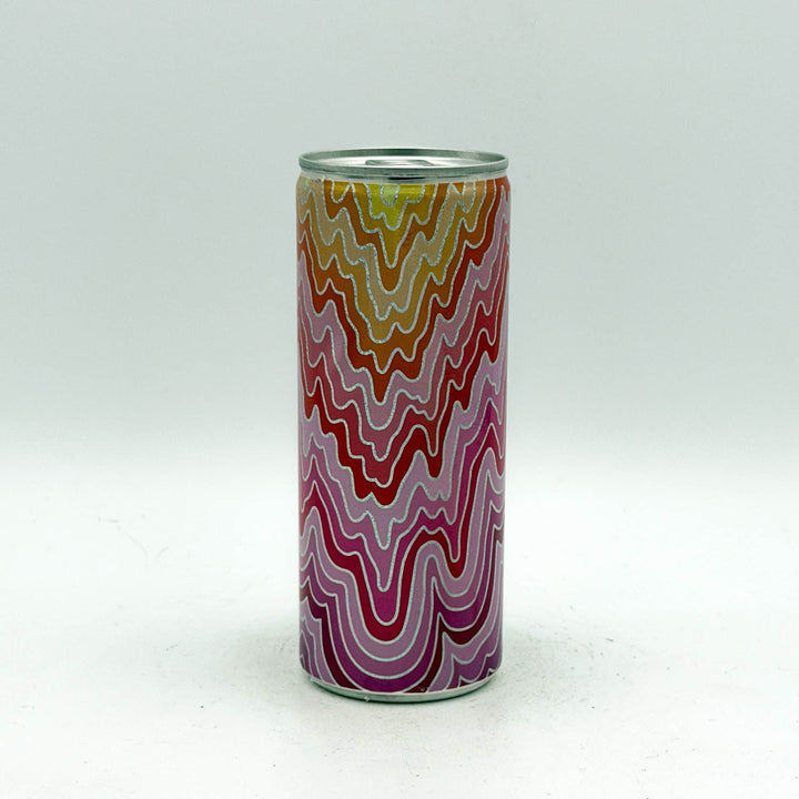 Cylindrical can with wavy multicolor pattern on a white background