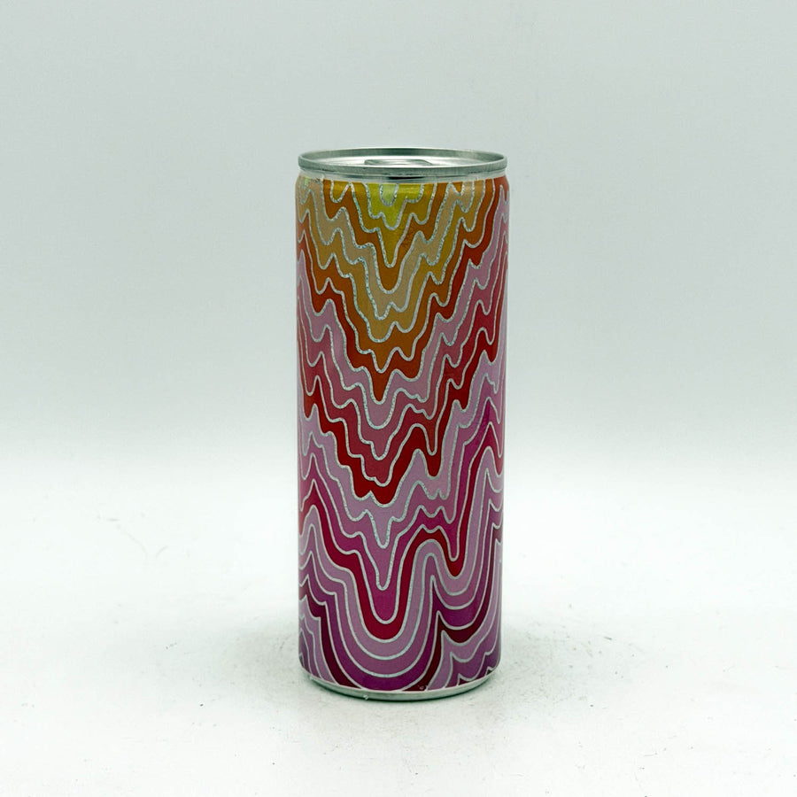 Cylindrical can with wavy multicolor pattern on a white background