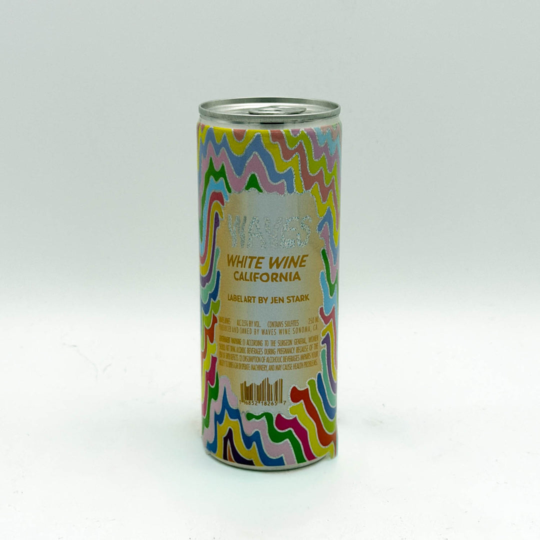 Cylindrical can with colorful wavy patterns on a white background