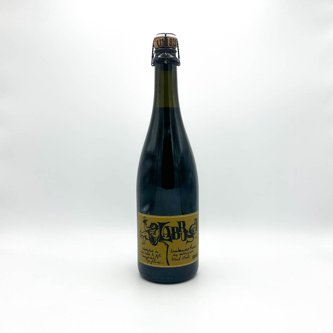 Dark glass bottle with a label on a white background