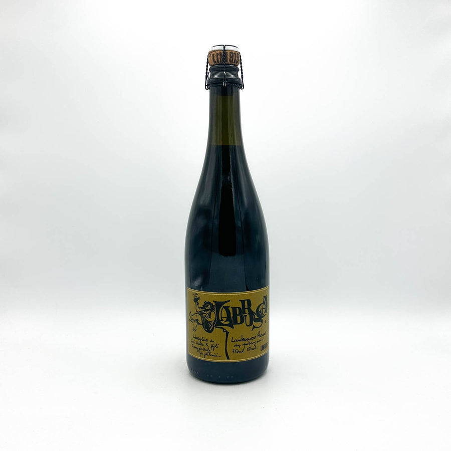 Dark glass bottle with a label on a white background