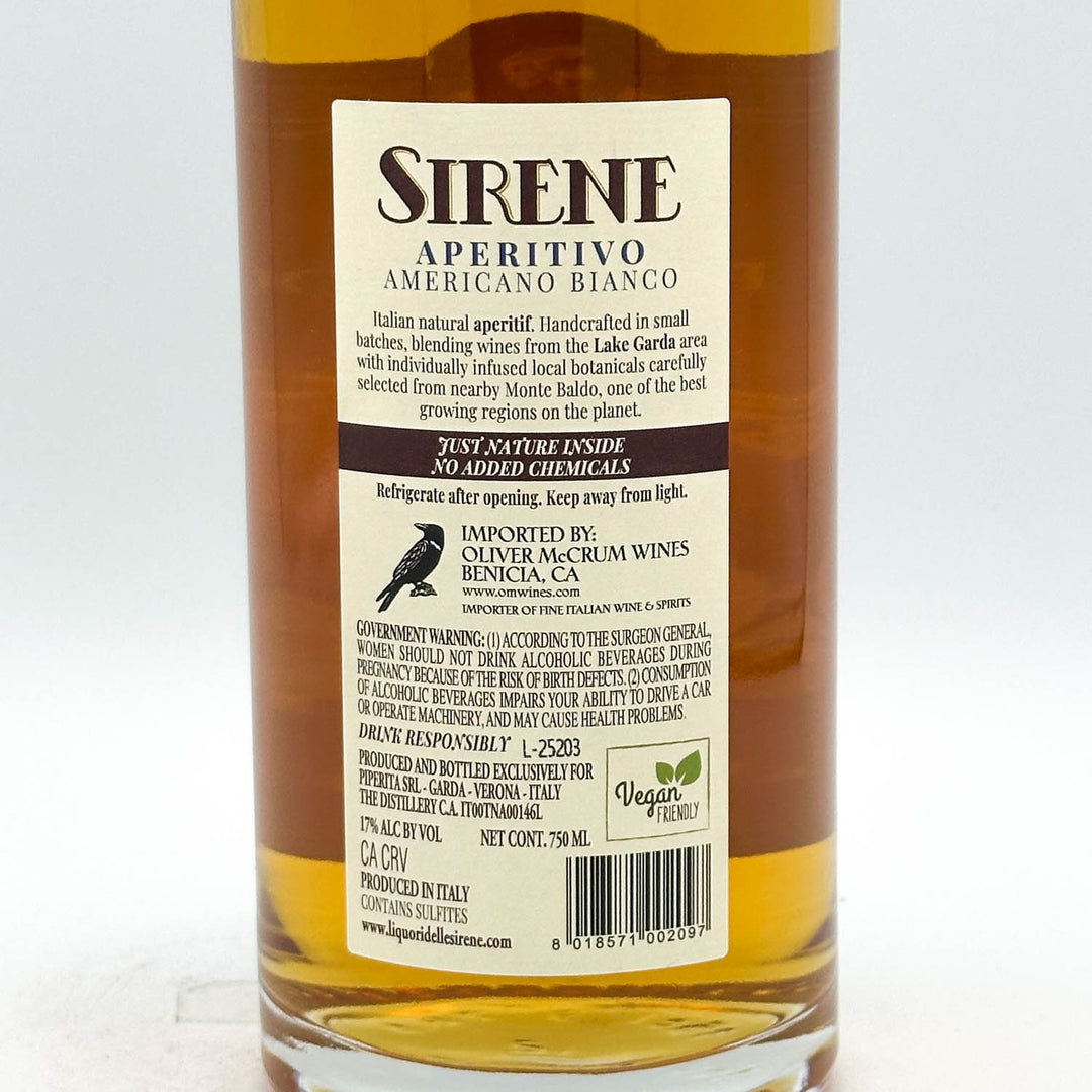 Bottle of Sirene Aperitivo Americano Bianco with label on a white background