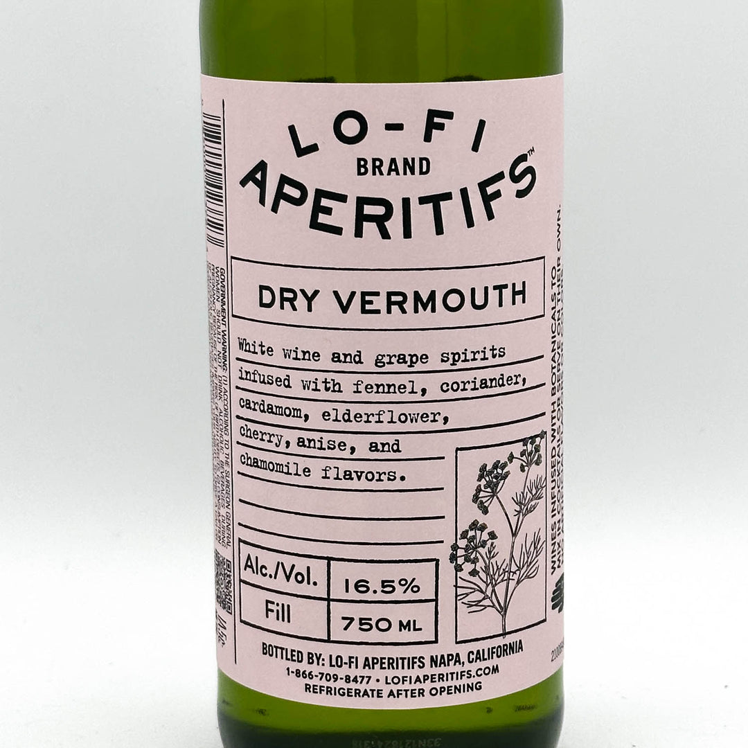 Bottle of LO-FI Aperitifs Dry Vermouth with a pink label on a white background