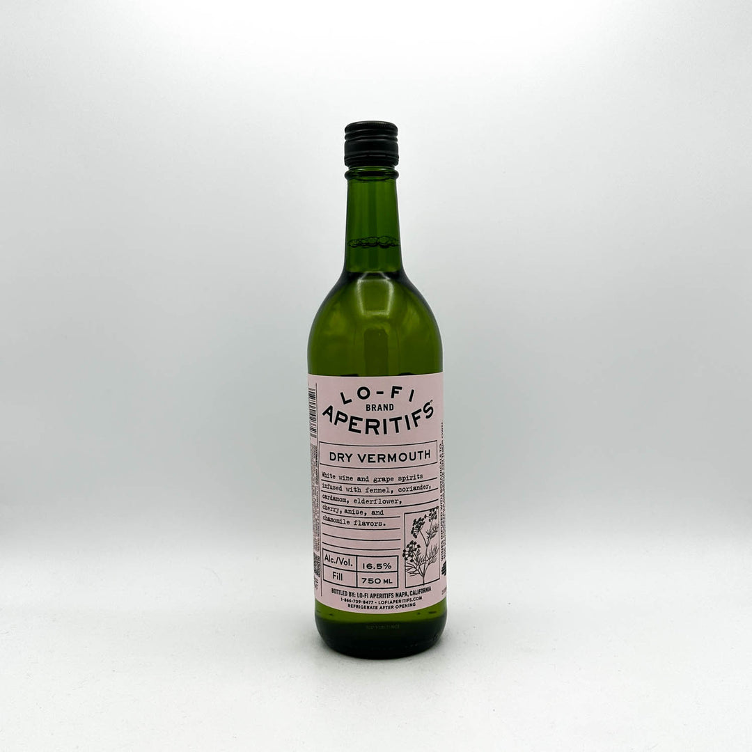 Green bottle of Lo-Fi Aperitifs Dry Vermouth on a white background