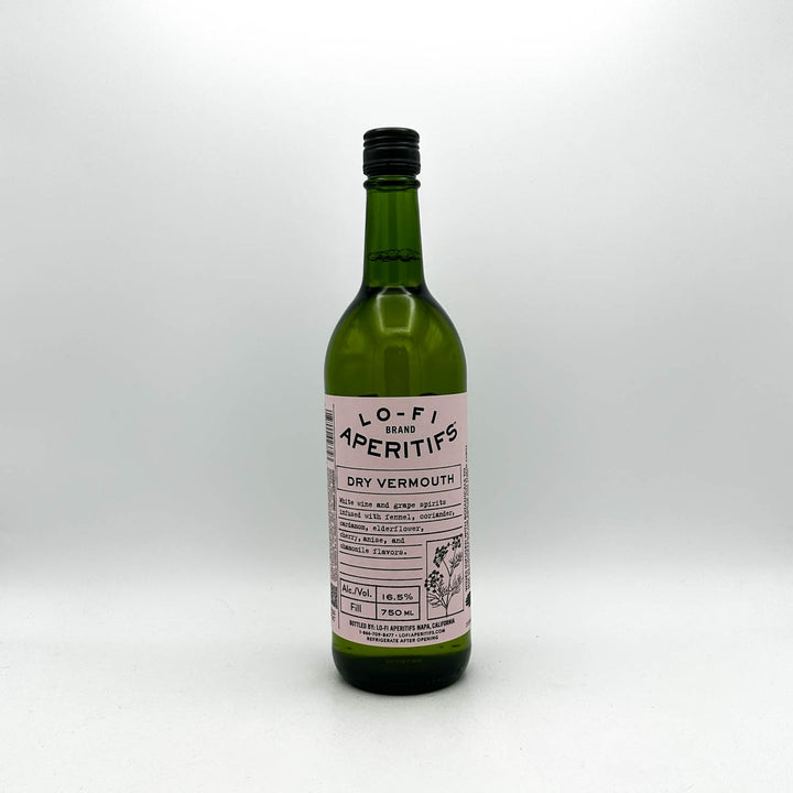Green bottle of Lo-Fi Aperitifs Dry Vermouth on a white background