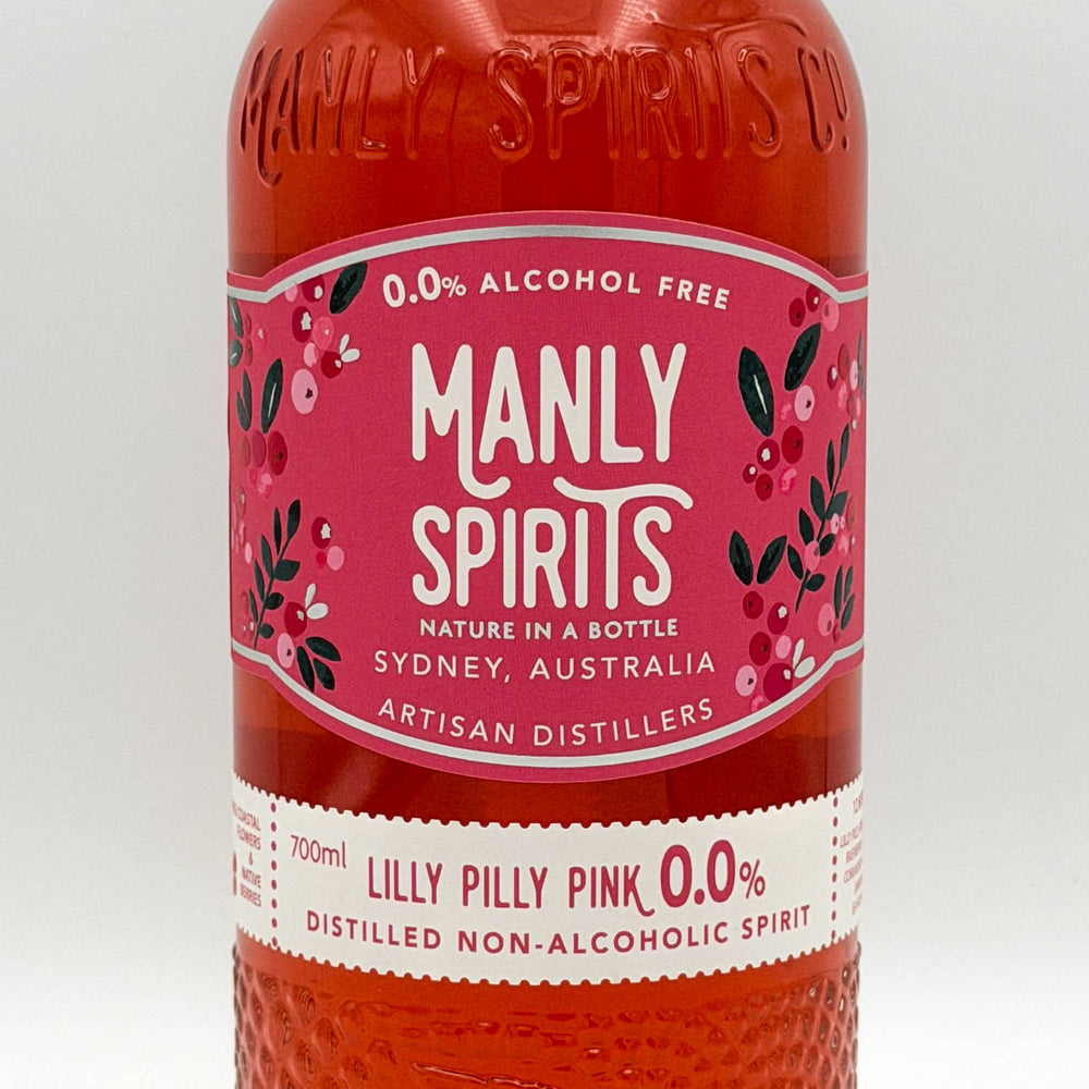 Bottle of Manly Spirits Lilly Pilly Pink non-alcoholic spirit on a white background