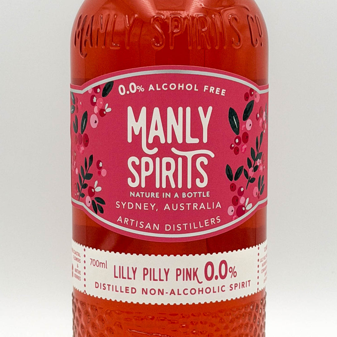 Bottle of Manly Spirits Lilly Pilly Pink non-alcoholic spirit on a white background