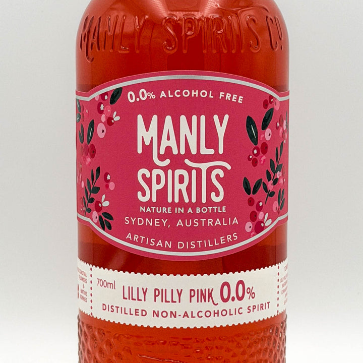 Bottle of Manly Spirits Lilly Pilly Pink non-alcoholic spirit on a white background