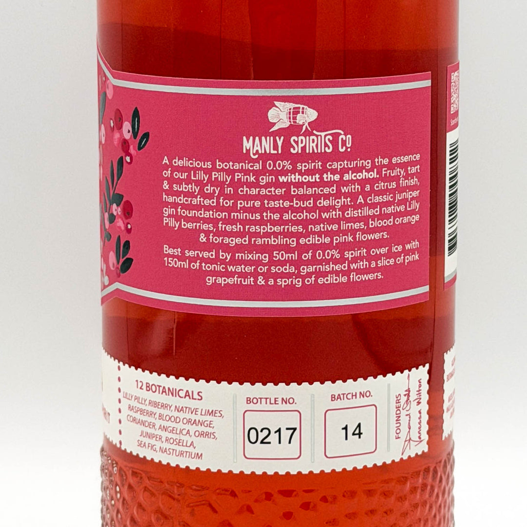 Bottle of Manly Spirits Co pink gin with a label on a white background