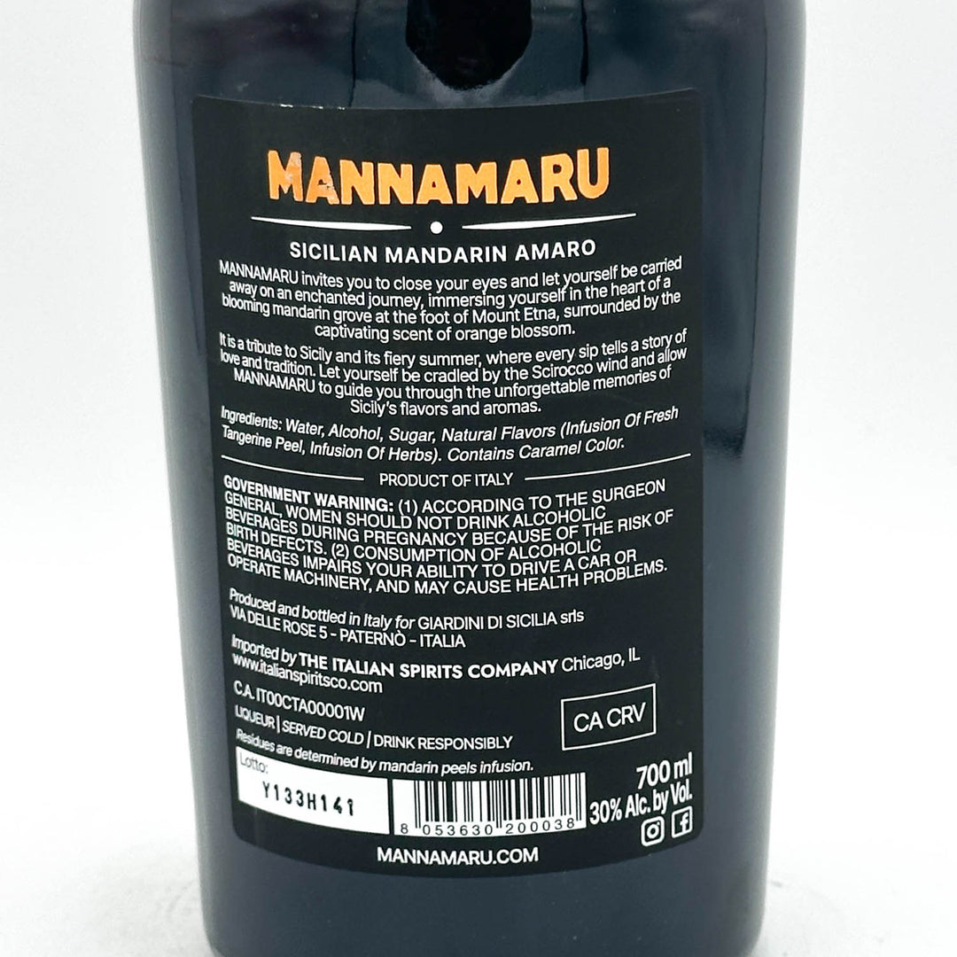 Bottle of Mannamaru Sicilian Mandarin Amaro with label on a white background